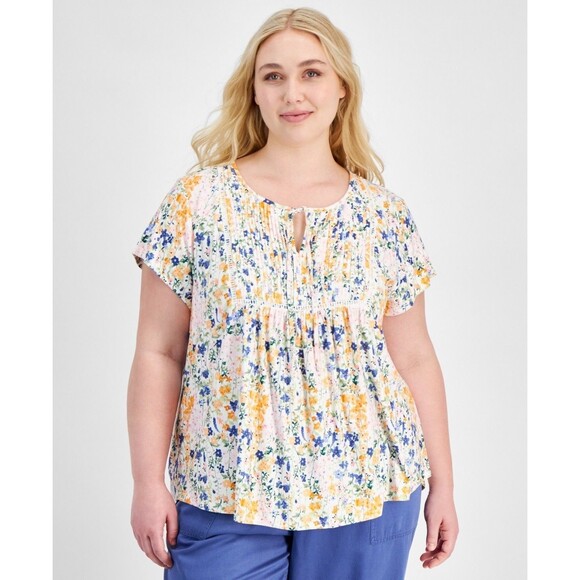Tommy Hilfiger Women’s Plus Size Floral Short-Sleeve Pintuck Top, Multicolor, 3X - Picture 1 of 1